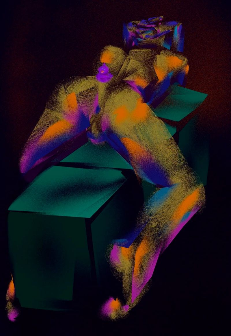 A digital HEAVYPAINT drawing of a male figure from behind with a rubber duck balanced on his body.