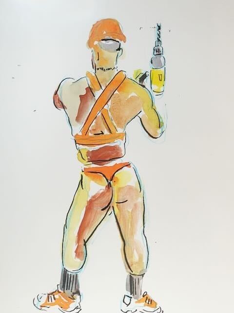 Chris in a construction outfit holding a drill, drawn with watercolor on toned paper.