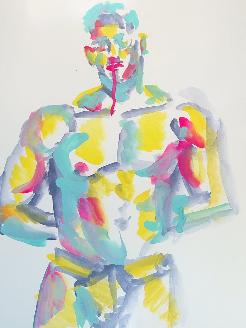 Watercolor drawing on toned paper with a dripping nose detail