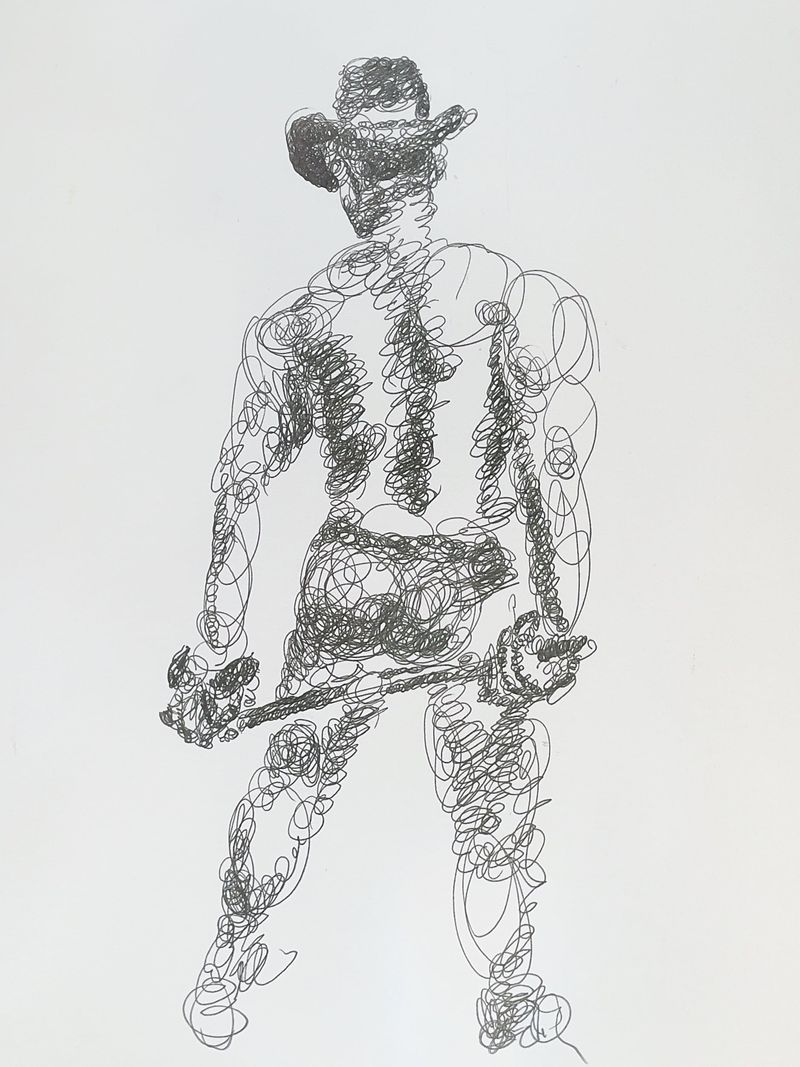 Victor seen from the back with a belt, drawn in scumbled fineliner on Bristol.
