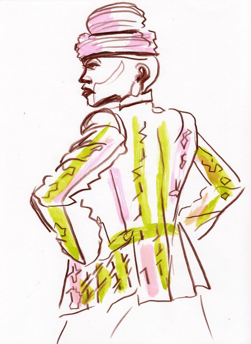 Colored Pencil and watercolor marker in a stillman birn sketchbook- female model wearing a houndstooth jacket and a hat.