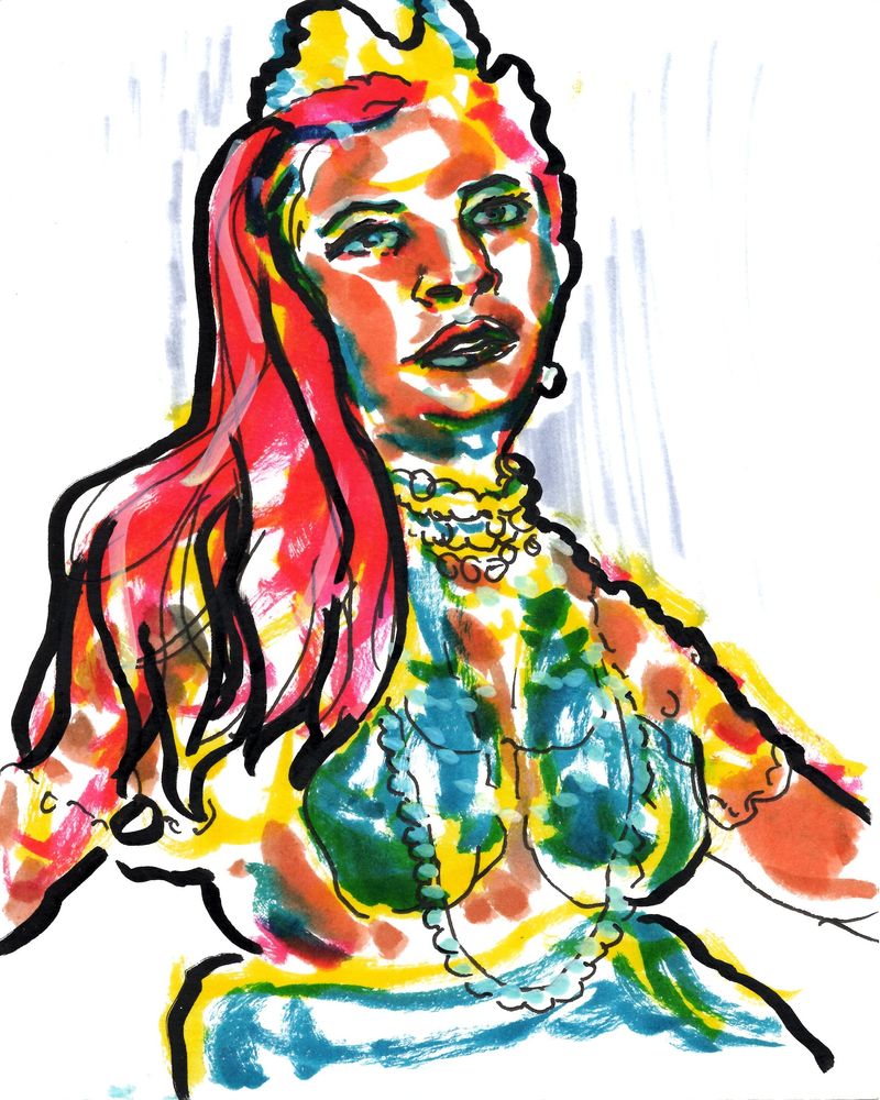 A watercolor marker portrait study of Kayleigh from the same in-person session.