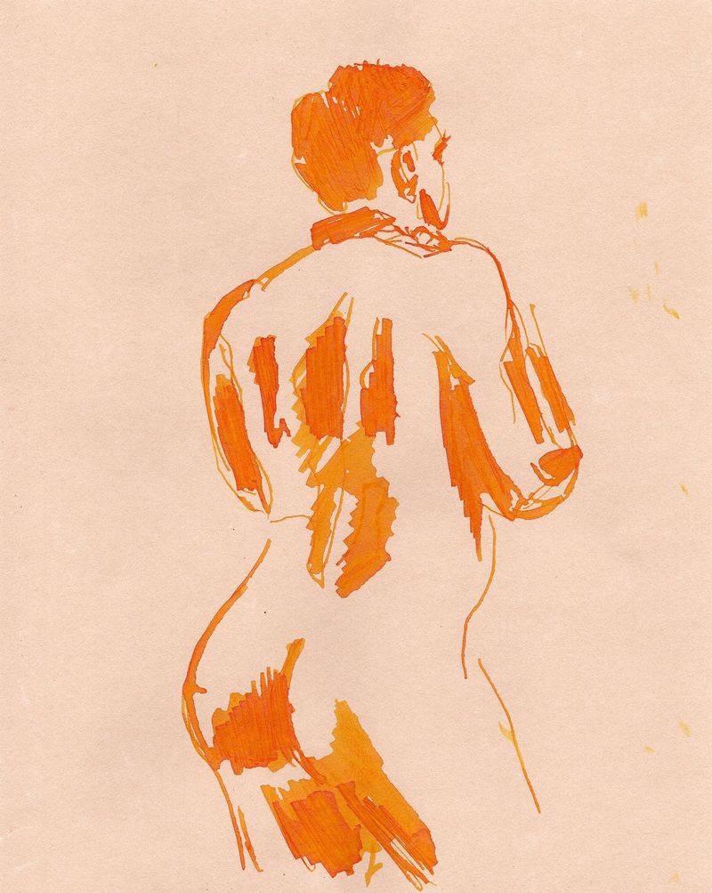 A drawing of Matthew in orange dip pen