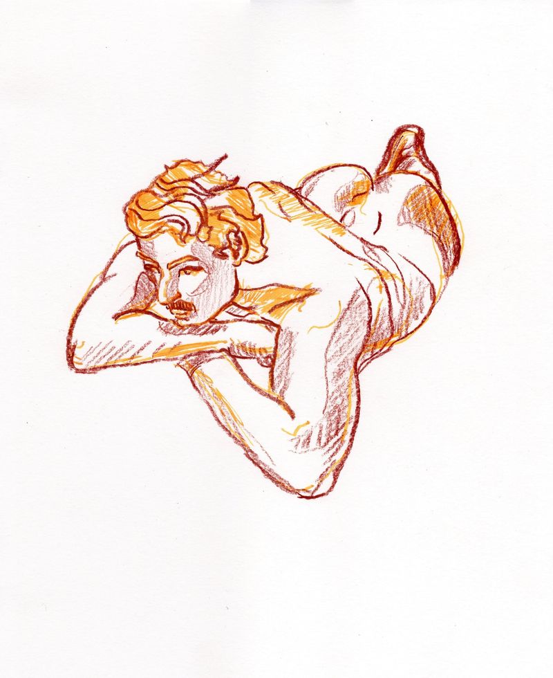 A man lying down and facing the artist