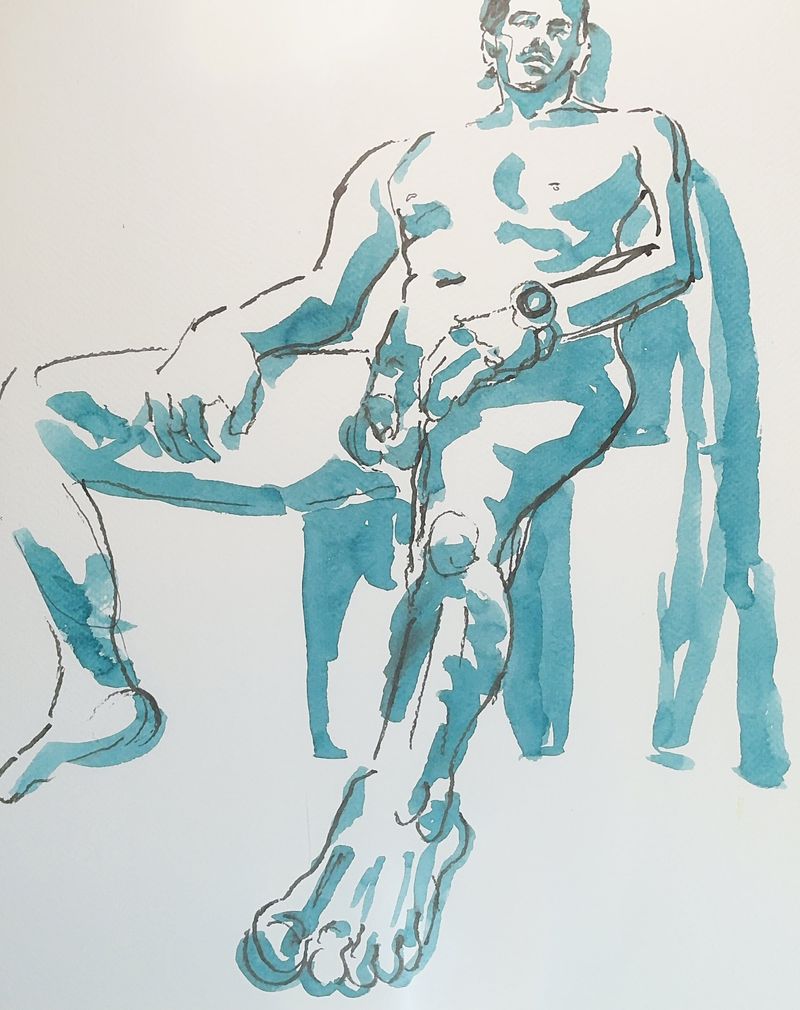 Seated male figure in ink wash.
