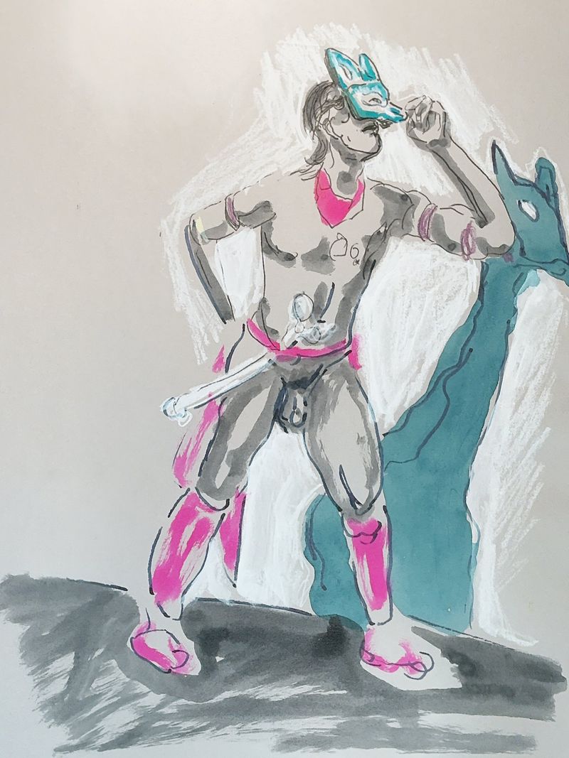 Coyote Caliente in a mask and shadow, watercolor pencil and ink wash on toned paper.