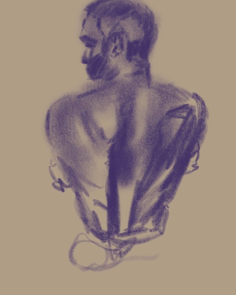 A digital charcoal drawing of Tommy's back.