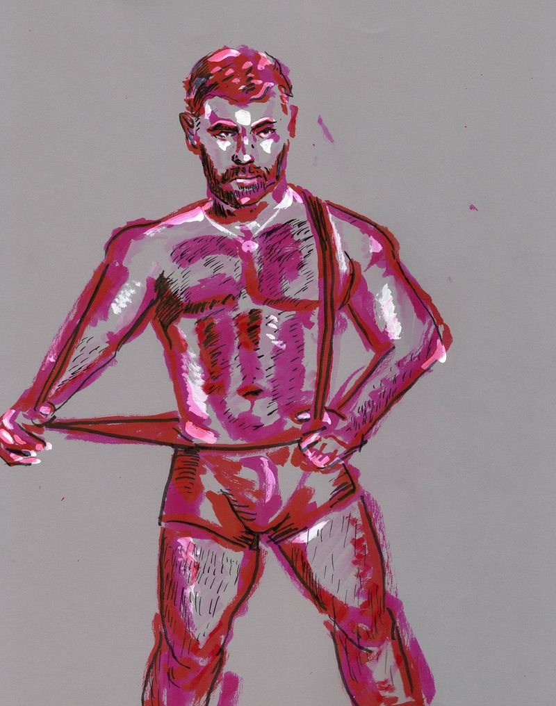 Watercolor marker and white corrective on toned paper.