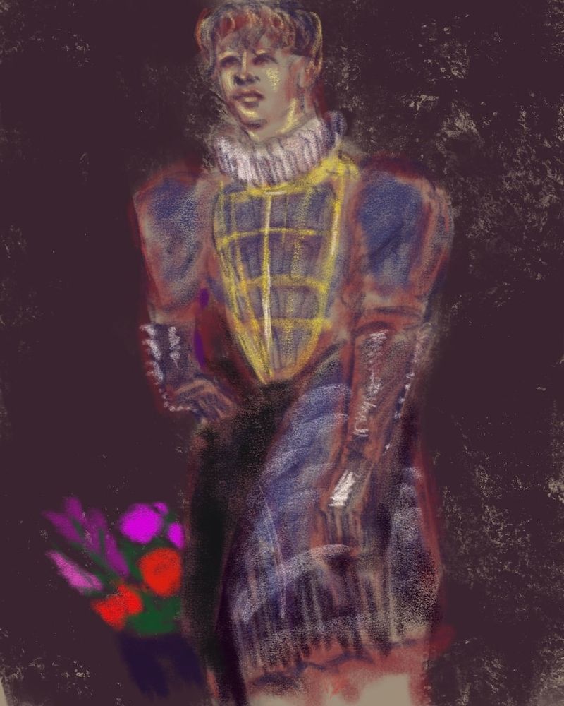 Mino in a doublet, leather metallic corset, and kilt. 20 minute pose. Digital Charcoal on iPad Procreate.