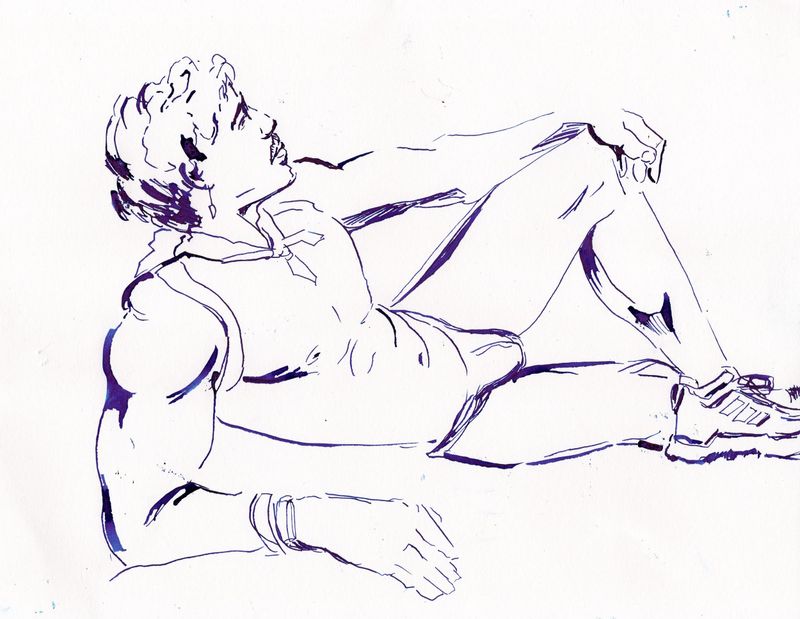 Drawing of Miguel using a blue dip pen ink on Bristol