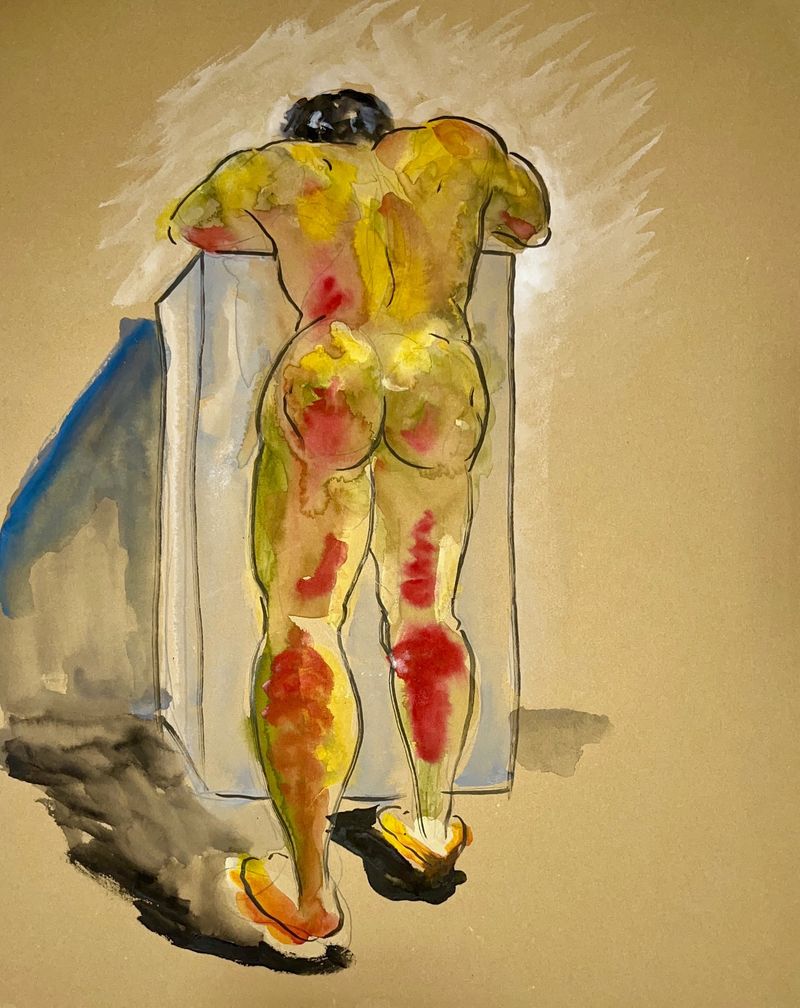 A man leans on a box, nude. Watercolor on toned paper.