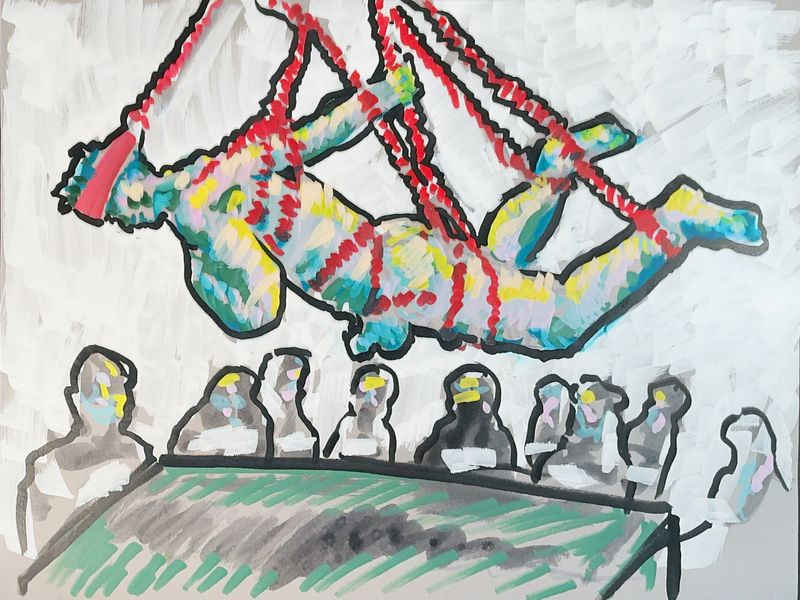 A rope-tied model is suspended above a seated audience in this acrylic marker drawing.