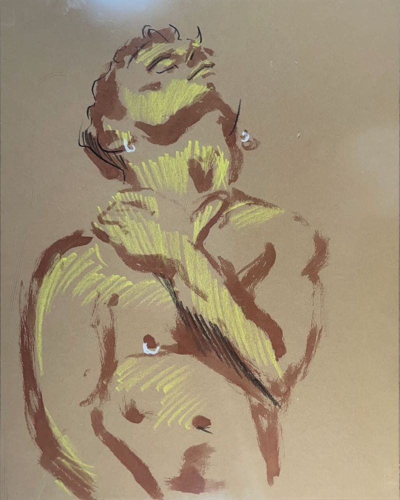 Brandon choking himself- colored pencil on toned paper