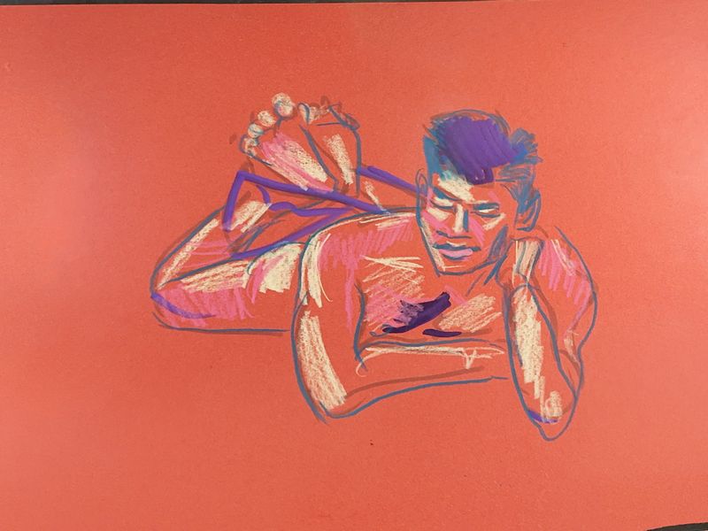 Derek reclines with one arm bent, rendered in marker on toned paper.