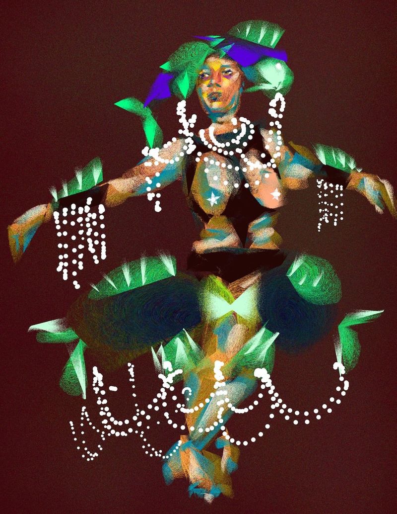 A digital HEAVYPAINT drawing of Kayleigh wearing a fish dress with layered pearl necklaces.