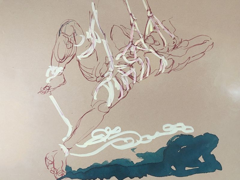 Model trussed and suspended in rope work