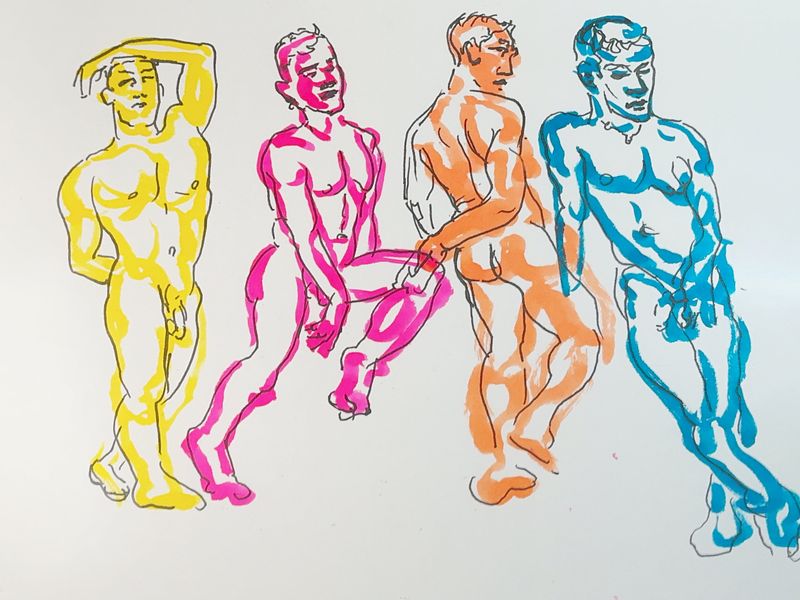 Five-minute warmup gesture drawings of Eric in watercolor marker.