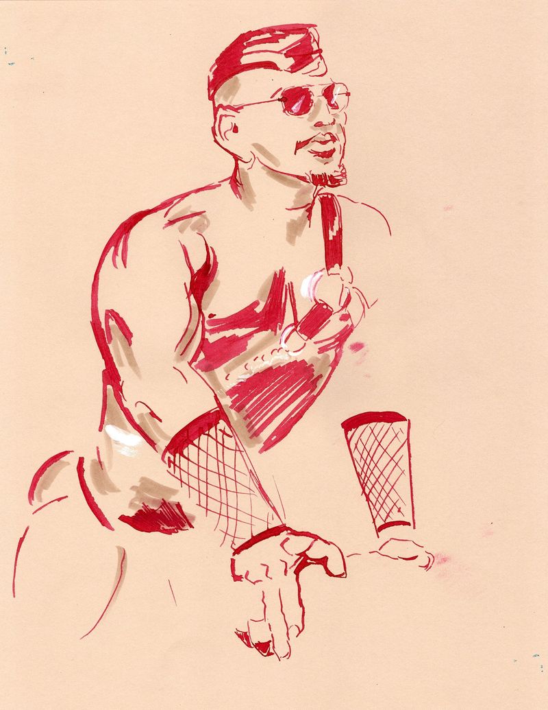 Jaxx posing in lace gloves and sunglasses- red dip pen ink. 10 minute pose.