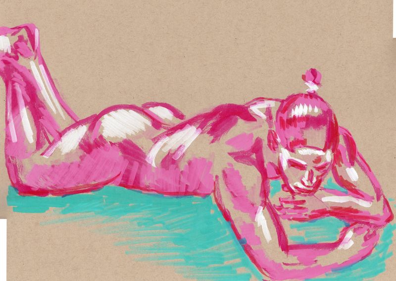 Pink Narcissus gazing at his own reflection. Acrylic Marker on Toned Paper- a 20 minute pose.