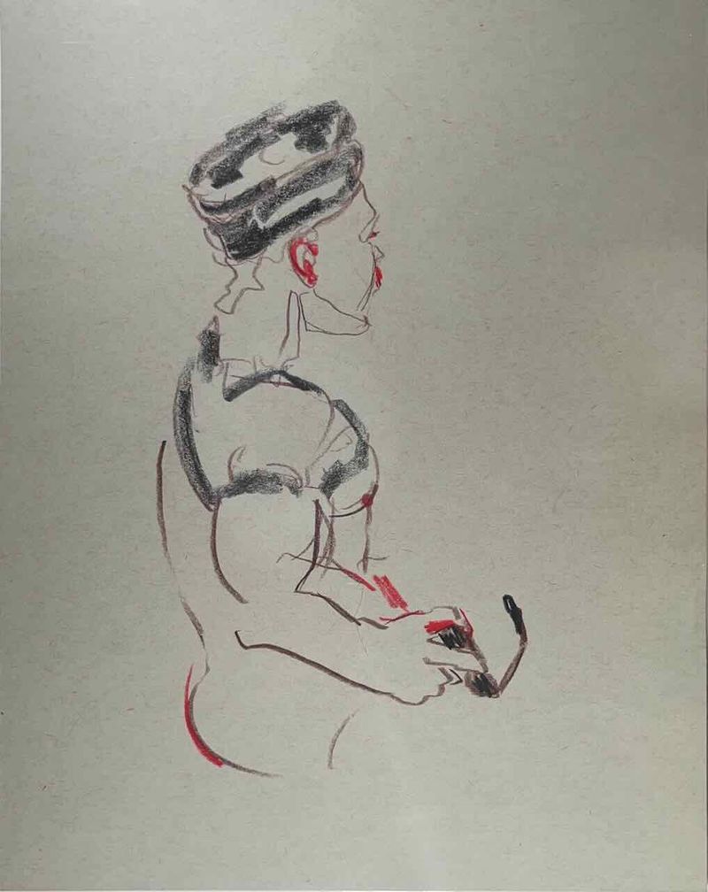 10 minute drawing- colored pencil drawing model wearing a hat