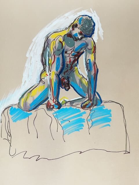 Joshua leaning forward on his knees with both fists down, drawn in acrylic marker on toned paper.