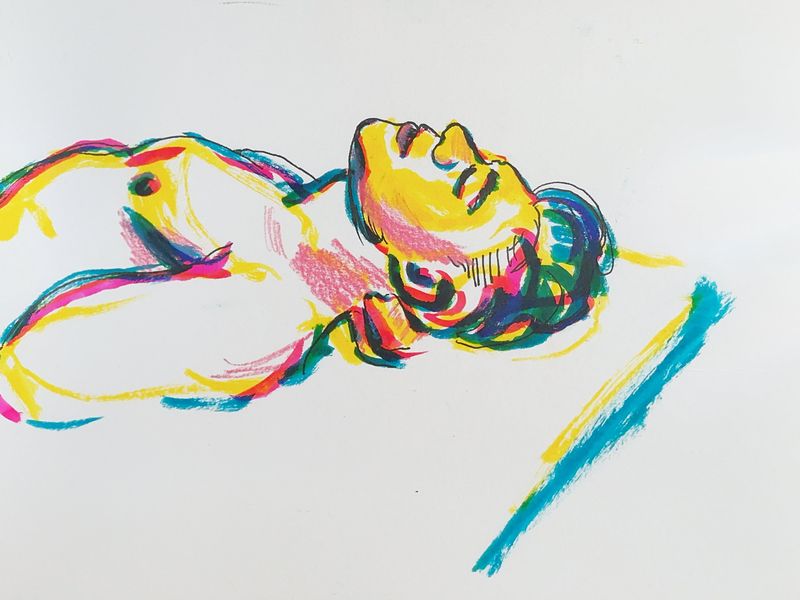 A 10-minute lying pose study of Derek in watercolor marker.