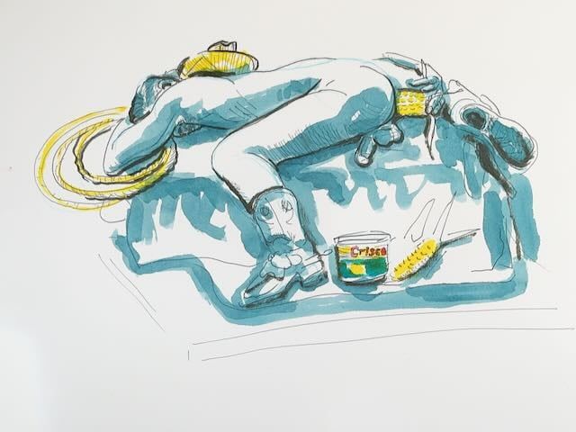 Sir Kirk prone and posing suggestively with a corn cob and Crisco, drawn in fountain pen.