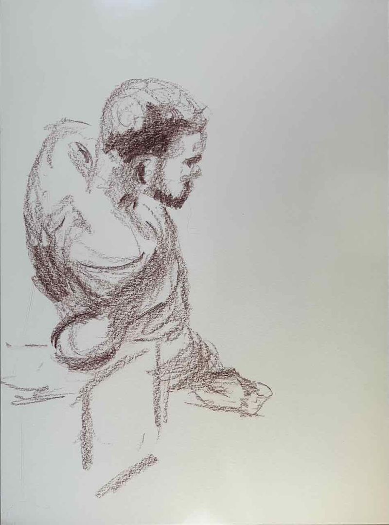 5 minute drawing of Nate leaning on a box