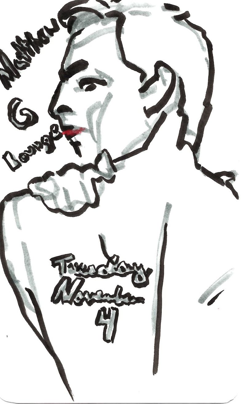 My journal index card- featuring Matthew from the back in fineliner and charcoal pencil