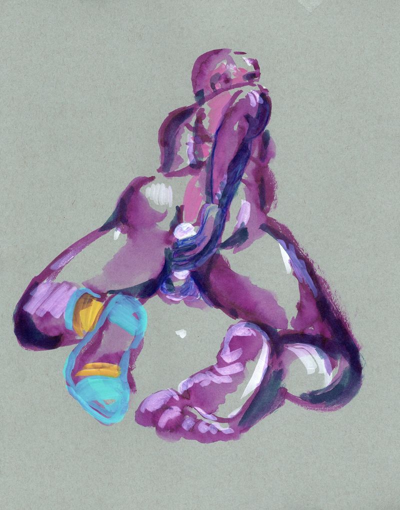 20 minute pose- a drawing of brian in watercolor marker, colored pencil, on toned paper.