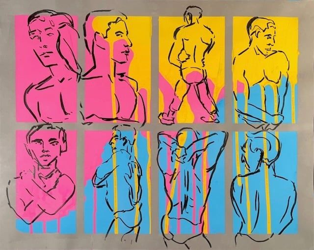 2 minute warmup drawings on a prepared acrylic painted marked toned paper