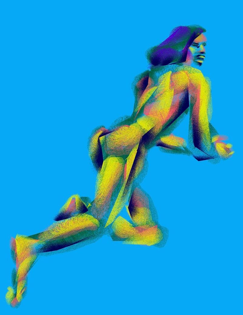 A digital HEAVYPAINT drawing of Val leaning on a cube, created on iPad.