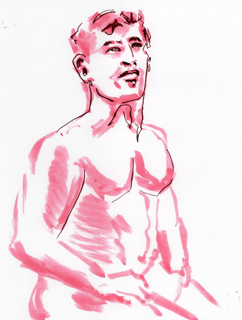 Drawing  of Michael using a red watercolor marker