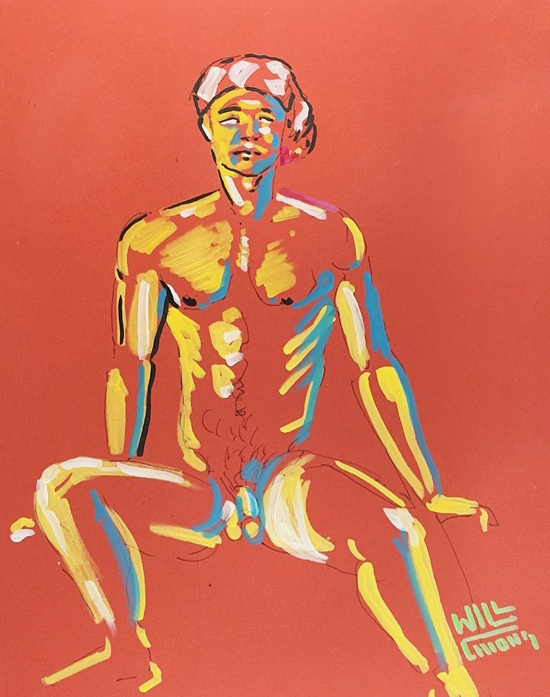 Sage seated nude, drawn in acrylic marker on toned paper.