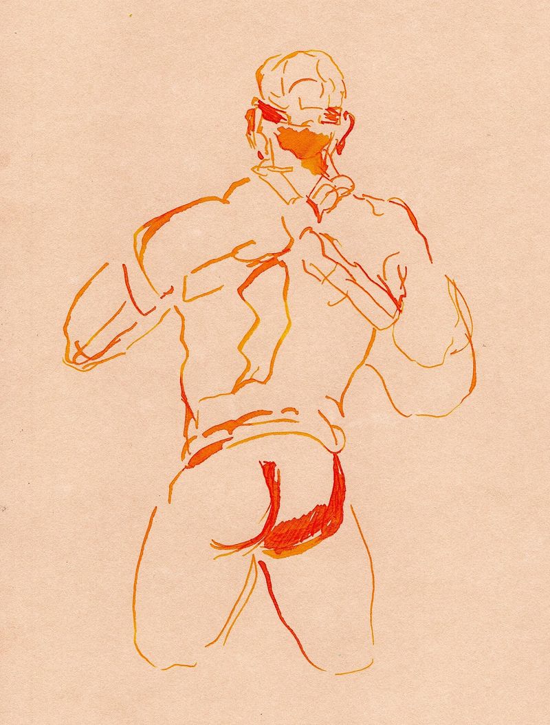 5 minute pose Jaxx in a red dip pen ink from the back