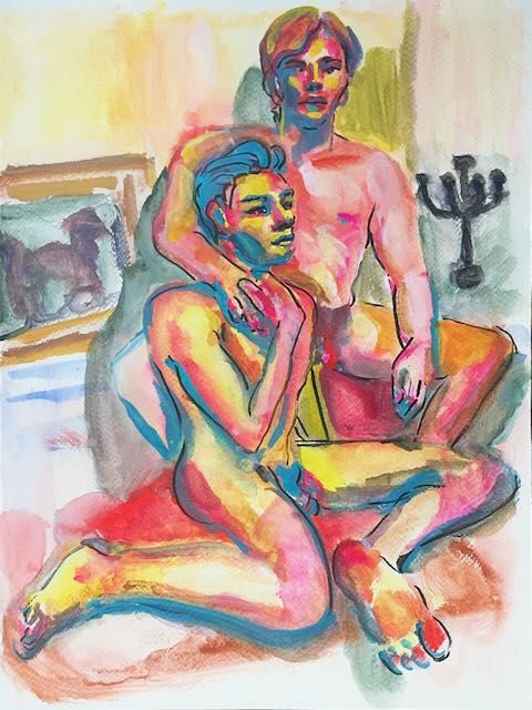 Derek and Daniel embracing on a raised platform, painted in gouache and watercolor.