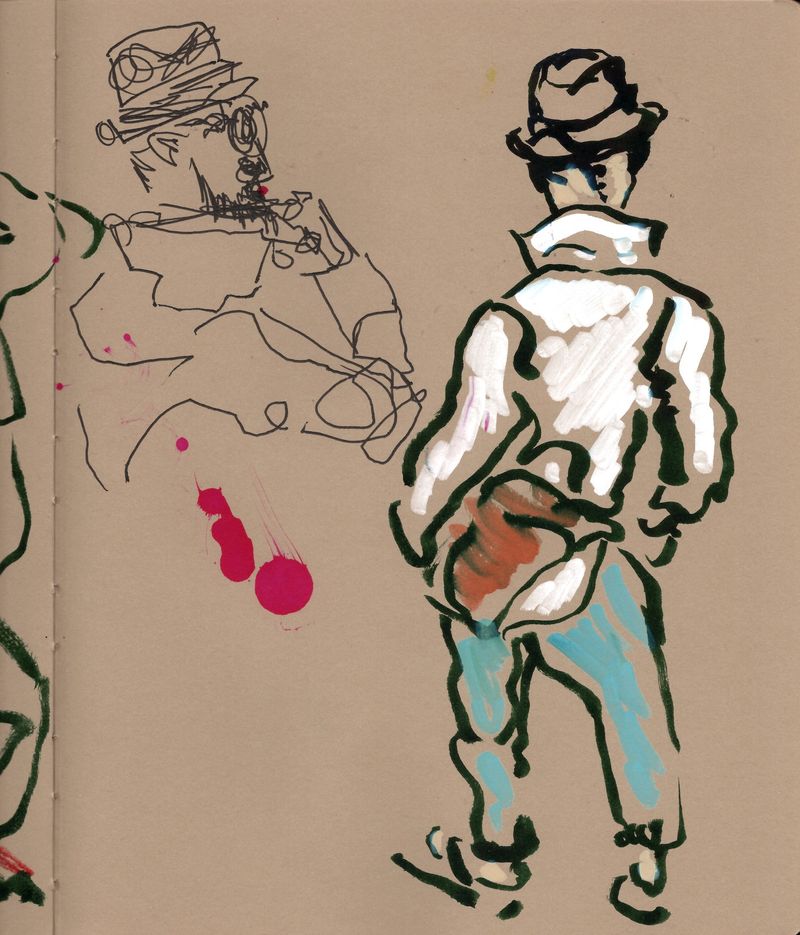 Second 5-minute warmup sketch of Enrique in acrylic marker on toned paper.