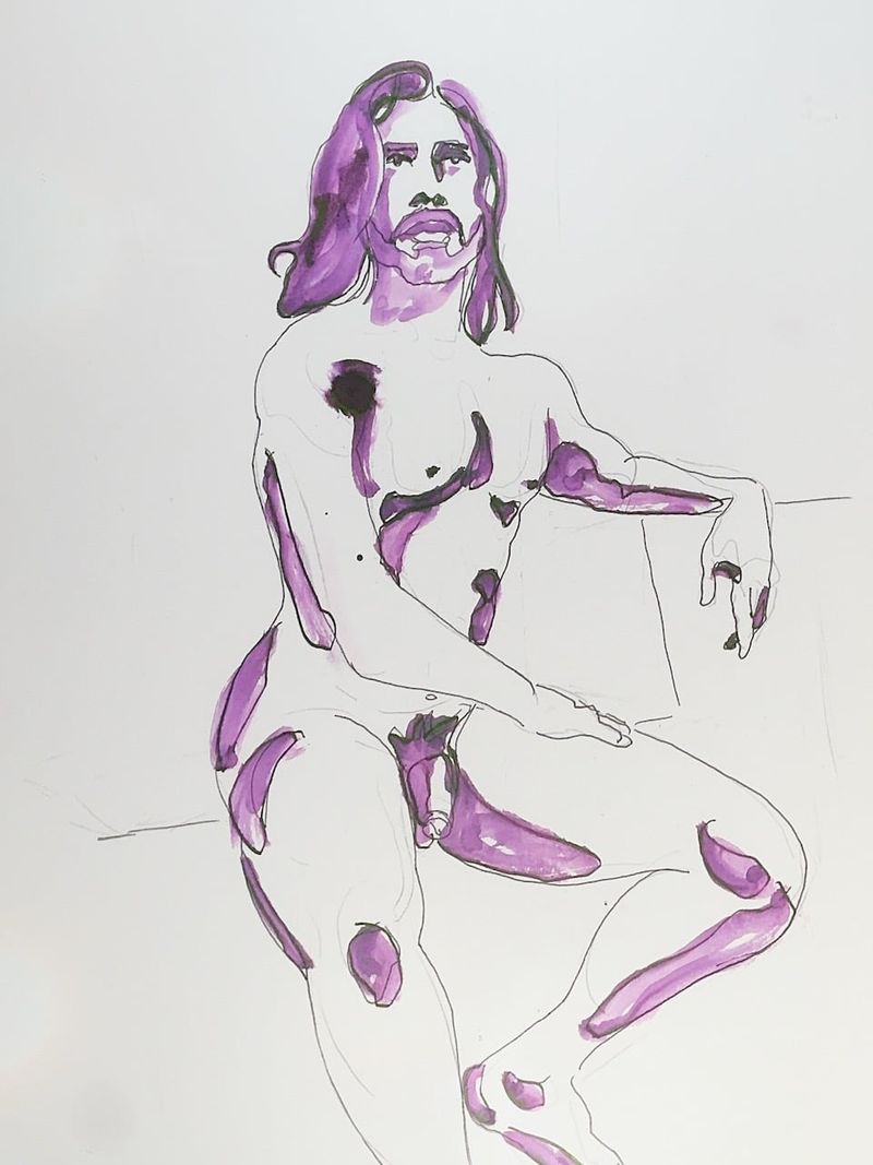 Val seated with arm resting on a cube, drawn with fountain pen.