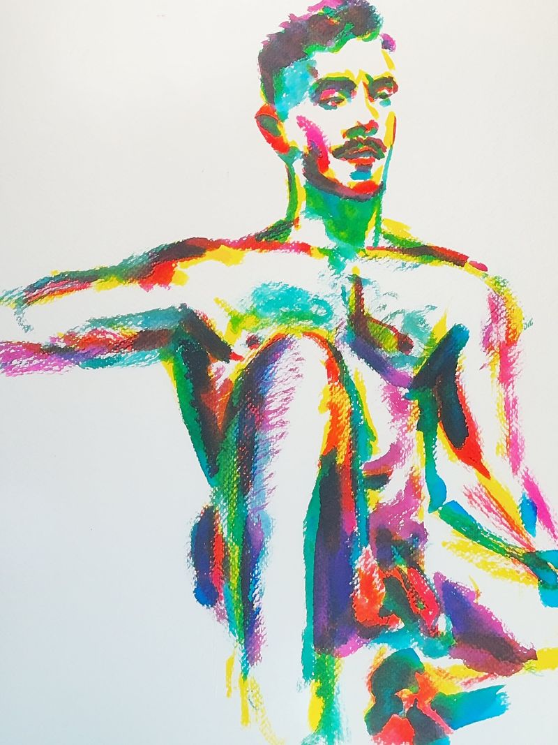 Nick seated with one knee raised, drawn in acrylic marker on toned paper