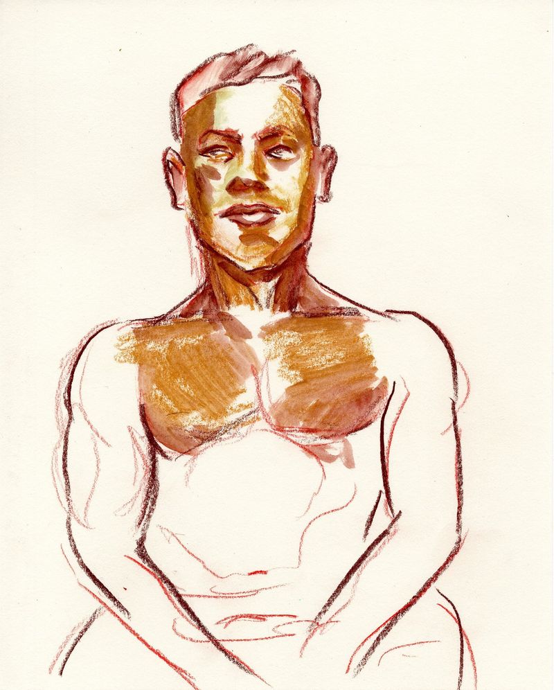 A 5 minute research drawing of Alan- watercolor pencil on paper.