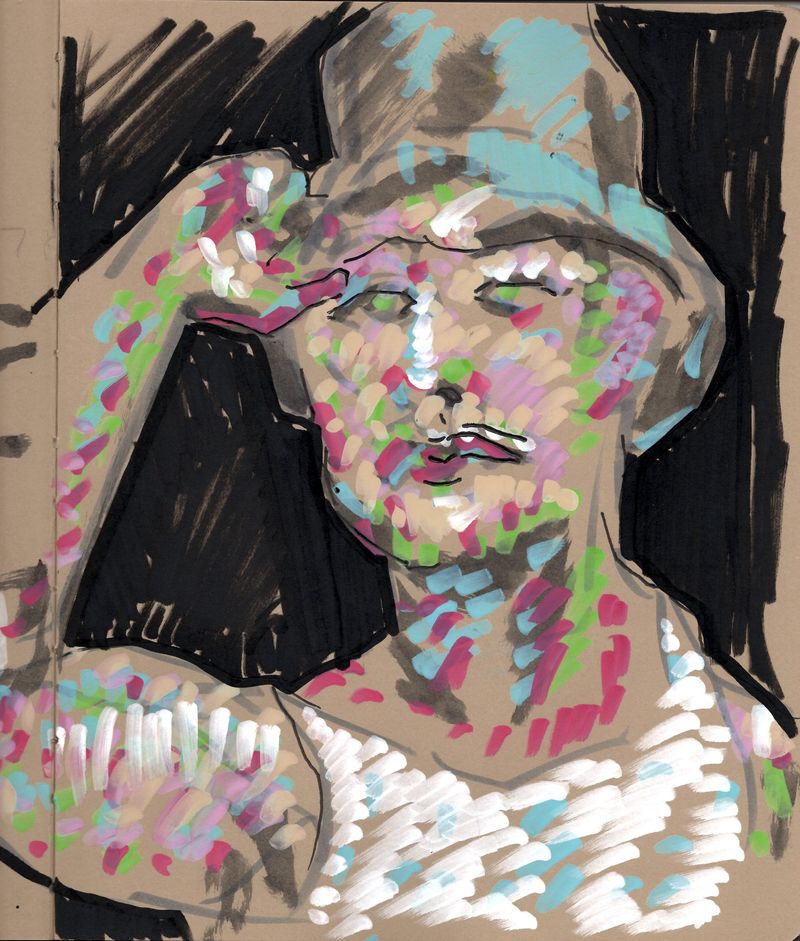 Pointillism-style acrylic marker drawing of Enrique on toned tan paper, with a detailed stippled texture.