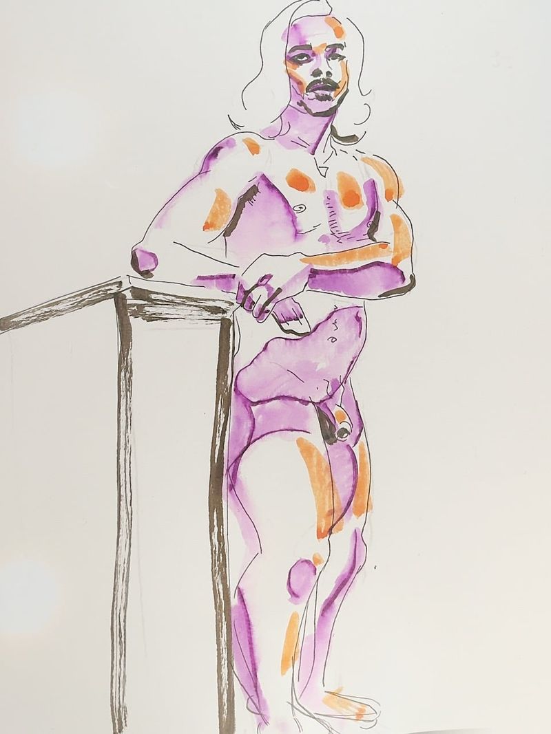 Val standing with one arm resting on a pedestal, drawn in watercolor marker on Bristol paper.