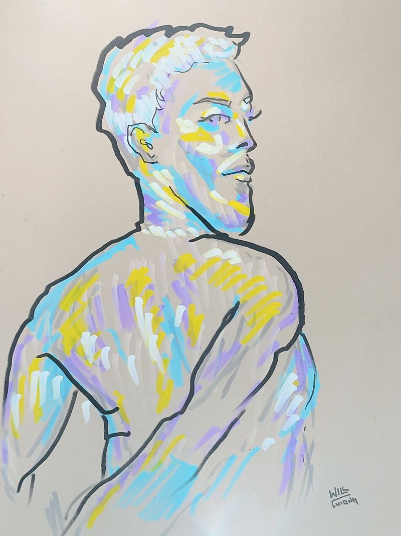 Eric in a side profile pose, drawn in acrylic marker on toned paper.