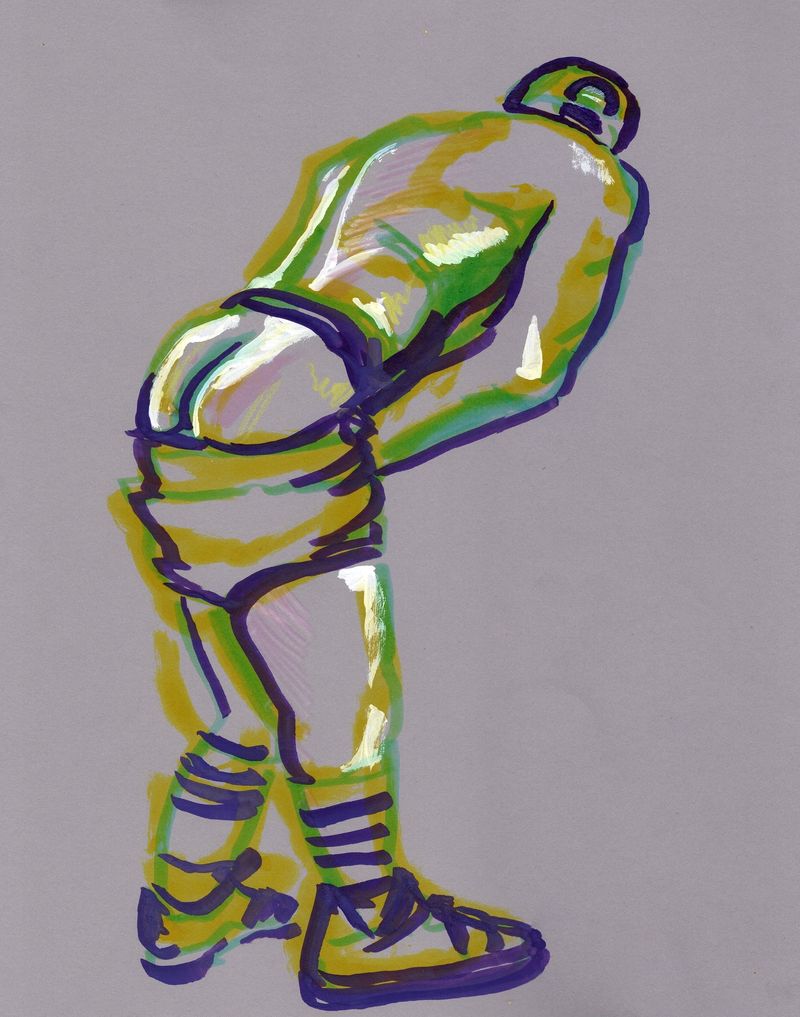 Watercolor and colored pencil on toned paper. 5 minute pose.