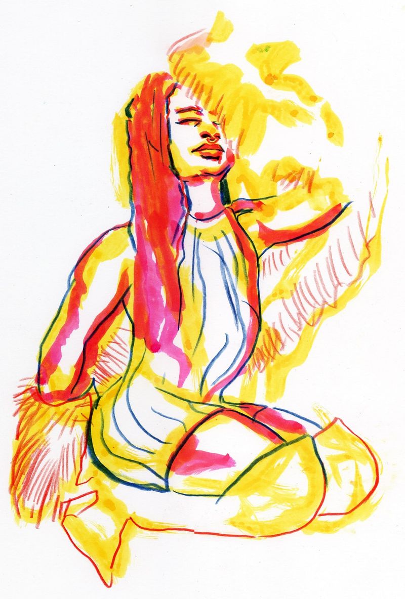 Watercolor markers, highlilghter, and colored pencil- 10 minute pose