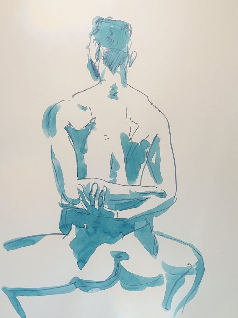 Nick standing with arms crossed behind his back, marker on toned paper.