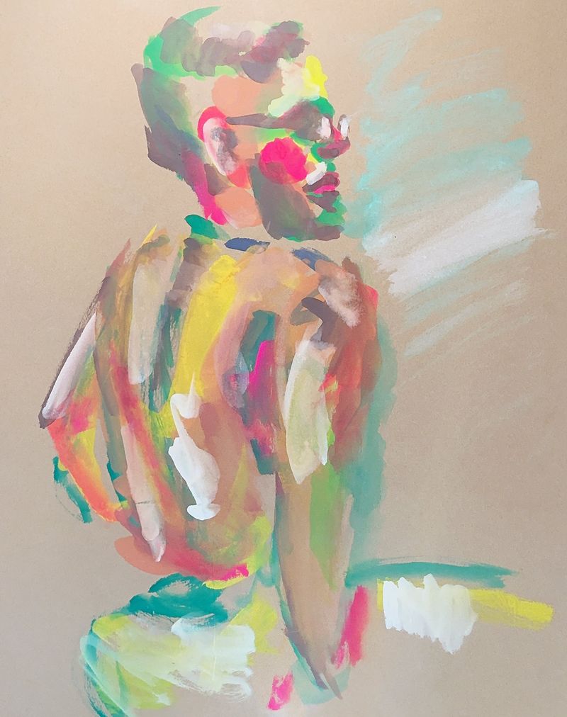 Gouache drawing of a male model with glasses on toned paper