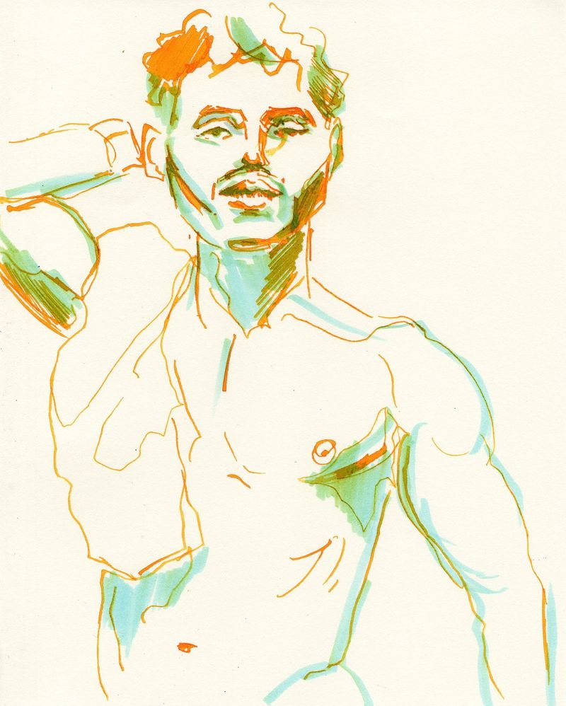 blue and orange dip pen ink and marker on toned paper