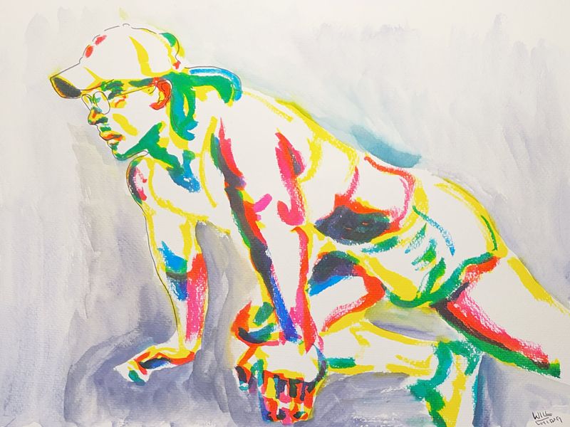 Kneeling model drawn with watercolor markers on toned paper