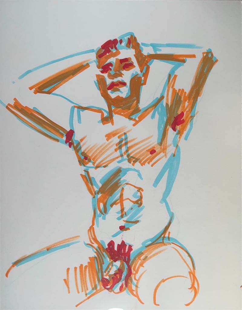 Seated with arms on head